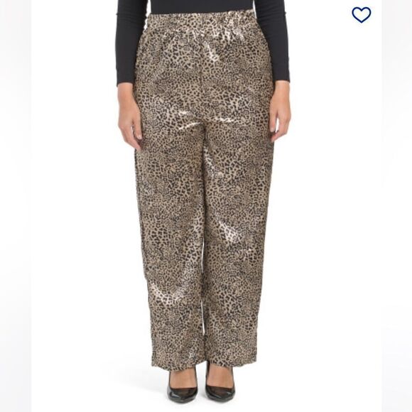 Oppa! Plus Straight Fit Animal Print Satin Pants Gold Leopard 1X NWT - Picture 1 of 9